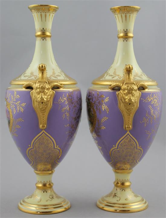 A pair of Coalport lilac and lemon yellow ground vases, c.1900, 22.5cm